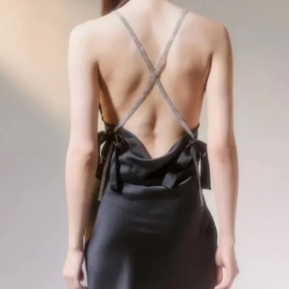 Black Satin Diamanté-Strap Mini Dress ✨🖤 - Picture 1 of 3